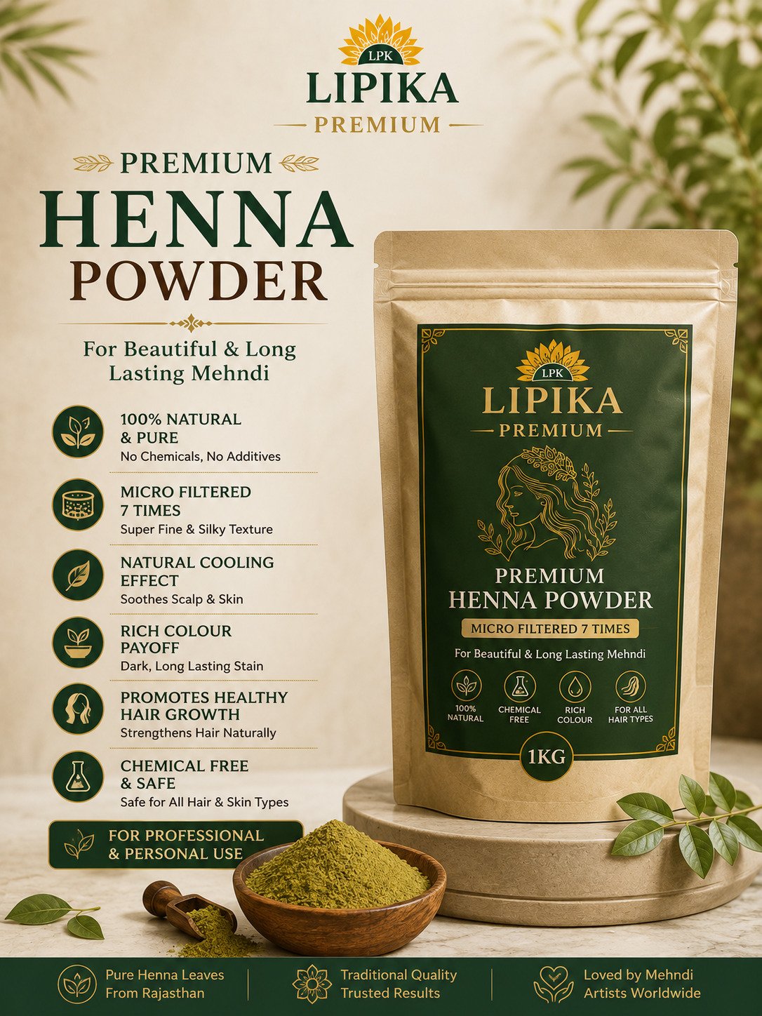 Lipika Premium BAQ Special Henna Powder | High-Class Mehndi Artist First Choice | 1KG
